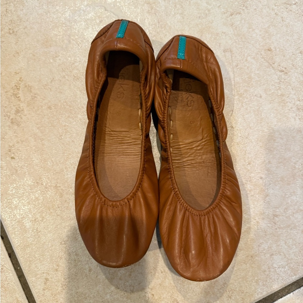 Brown Leather Ballet Flats with Teal Accent Tieks Congac